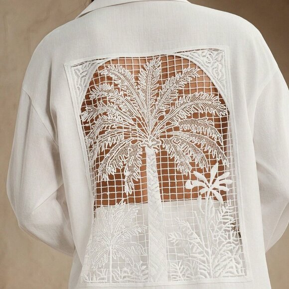 White Casual Women's Elegant French Style Embroidered Pattern Vacation Shirt - Picture 1 of 8